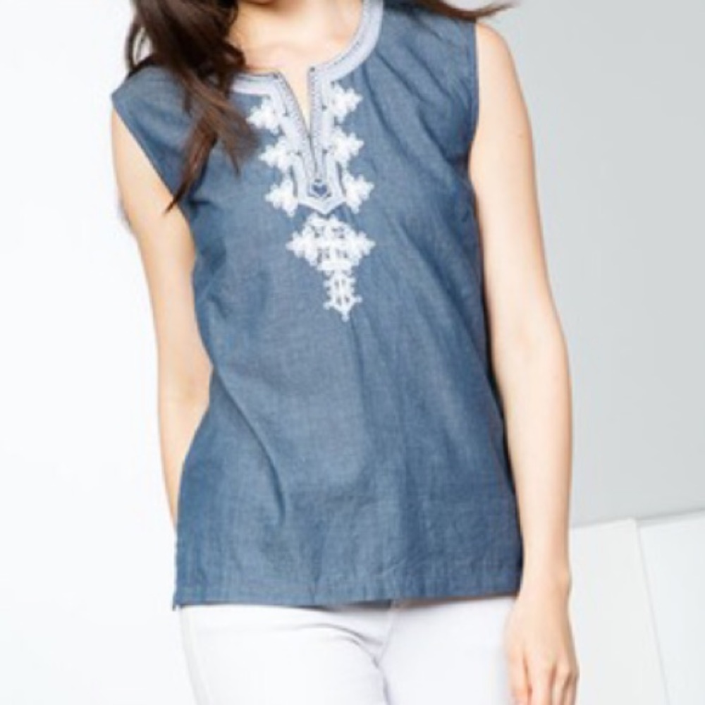 Denim - Cream Embroidery Top - Sleeveless - Picture 2 of 7